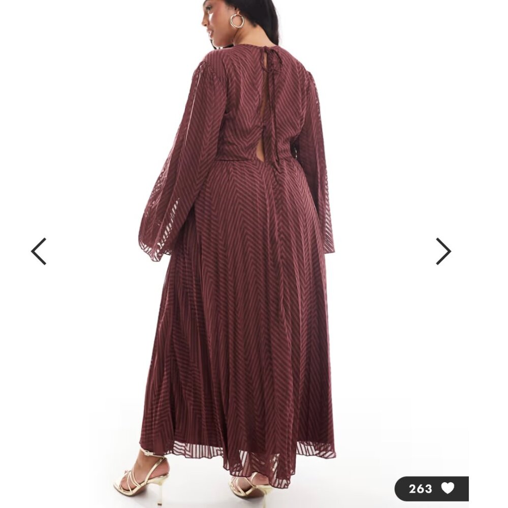 ASOS Curve NWT Women's Size 24 Burgundy Chevron Maxi Dress Sheer Tie Open Back - Picture 3 of 4